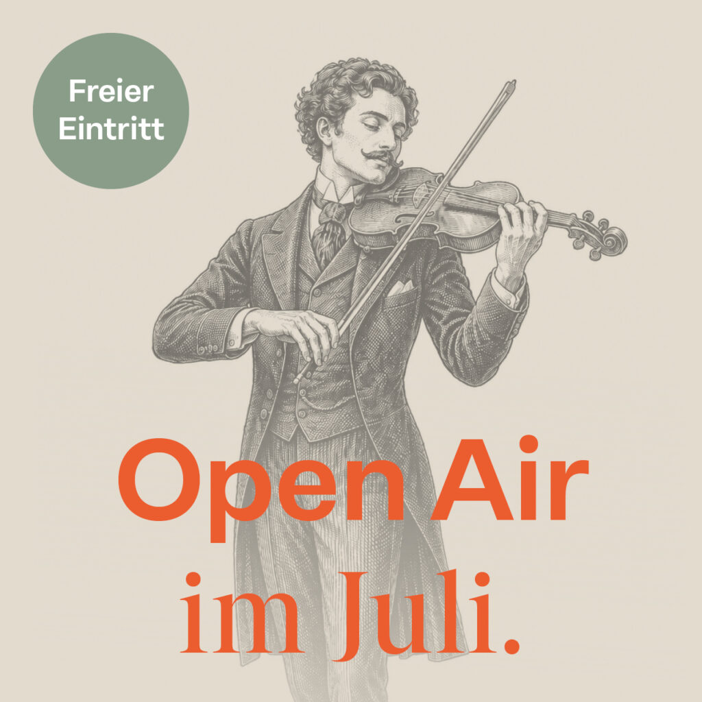 Plakat: Open Air im Juli, freier Eintritt – Illustration eines Geigers