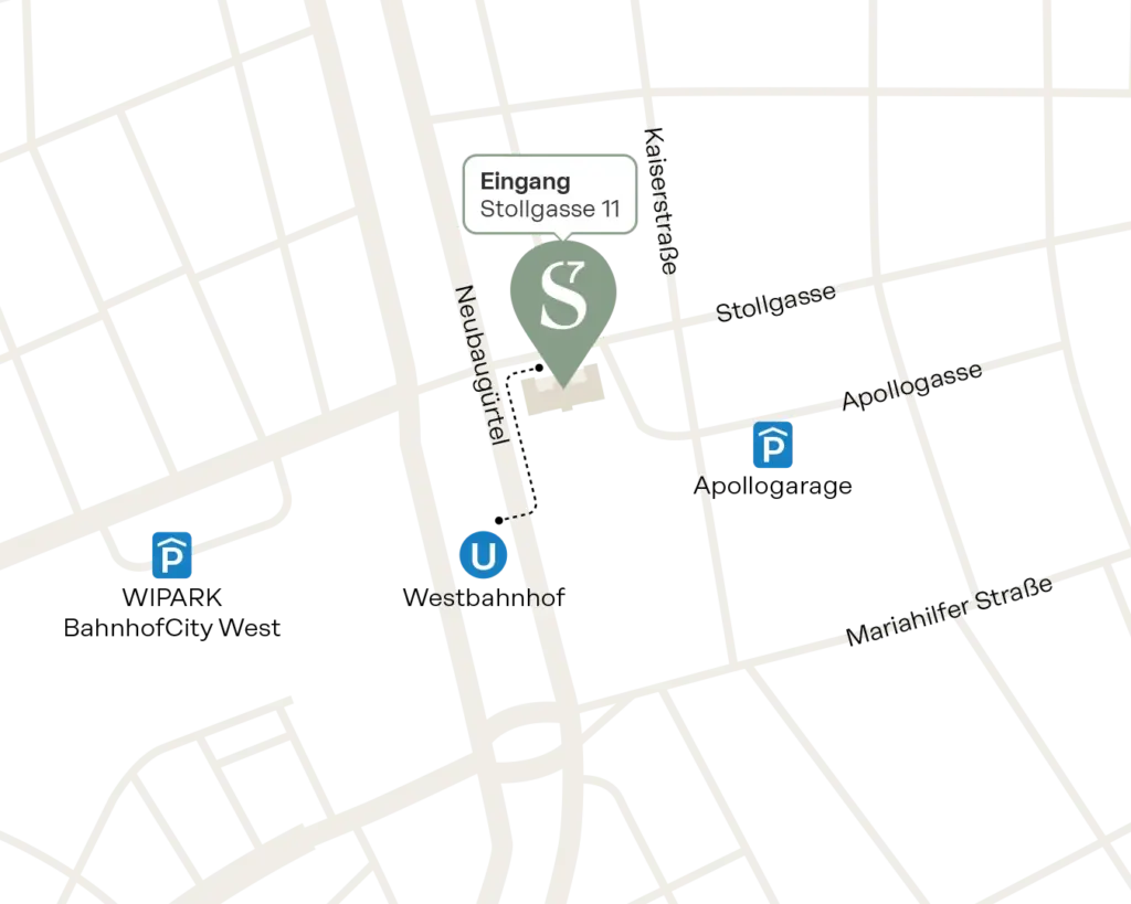 Lageplan: sophie7 mit Eingang Stollgasse 11, Fußweg von der U-Bahn Westbahnhof, Parkgaragen WIPARK BahnhofCity West und Apollogarage